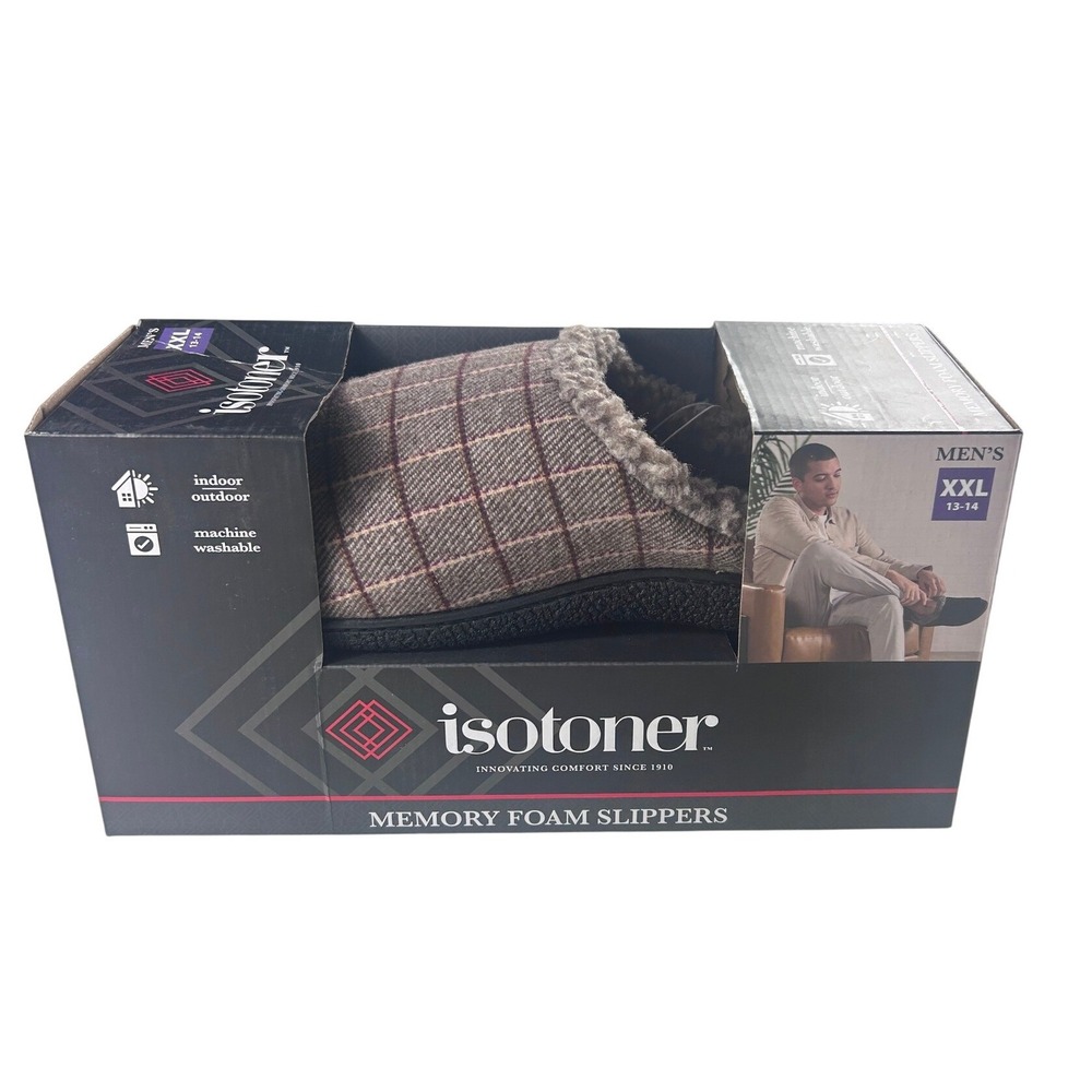 Isotoner Mens Memory‎ Foam Slippers XXL 13-14 Smokey Taupe Plaid Indoor Outdoor